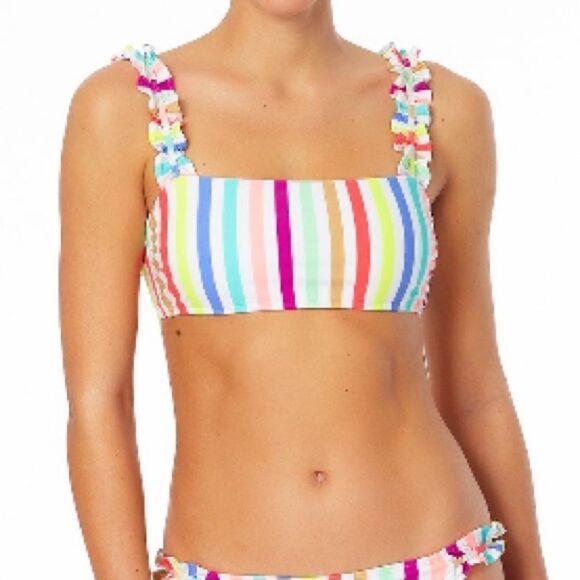 Stripe Ribbed Ruffle Strap Bikini Top - Picture 3 of 4